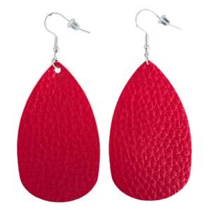Red Textured Leather Teardrop Earrings